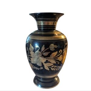 Vintage Brass Black Gold Etched Vase